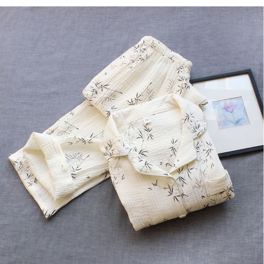 Dogini - Bijpassende pyjamaset voor koppels: shirt met bladprint + broek