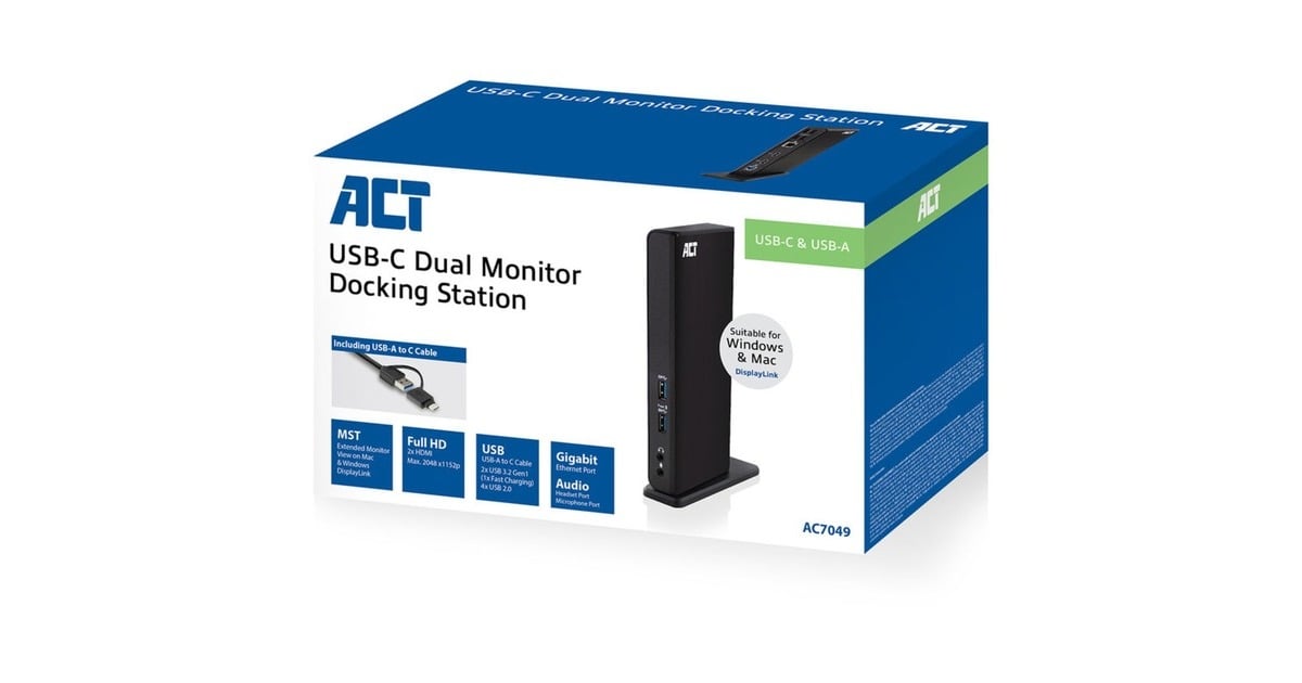 ACT ConnectivityUSB-C of USB-A Dual Monitor Docking Station  (Zwart)