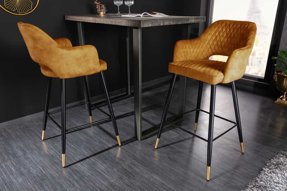 Design Barhocker PARIS senfgelb Samt mit Lehne Metall schwarz gold Ziersteppung
