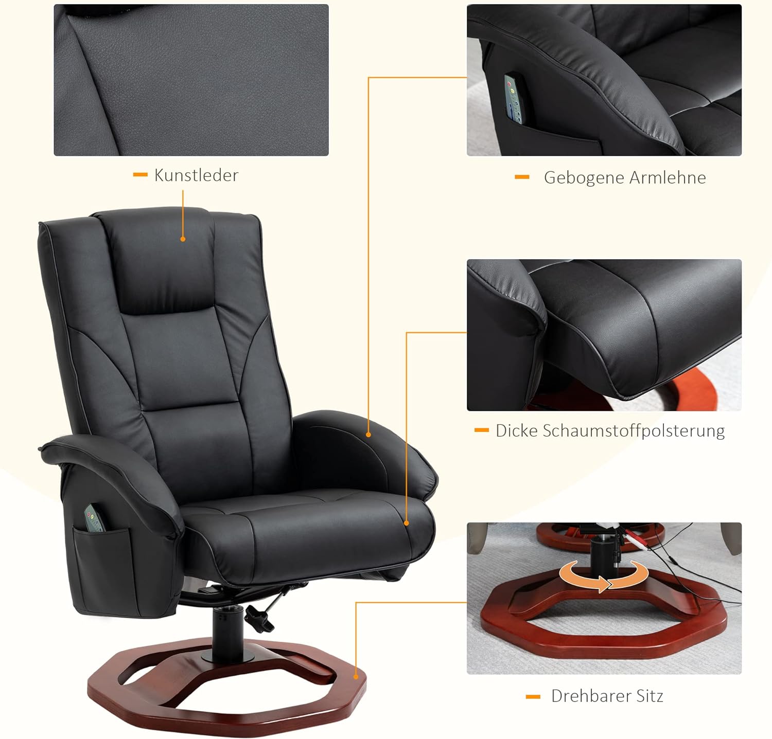 HOMCOM Sill&oacute;n de masaje con reposapi&eacute;s, funci&oacute;n de descanso, funci&oacute;n de descanso, sill&oacute;n reclinable con funci&oacute;n de masaje, giratorio 360&deg;, piel sint&eacute;tica, acero negro+marr&oacute;n, 73 x 83 x 106 c