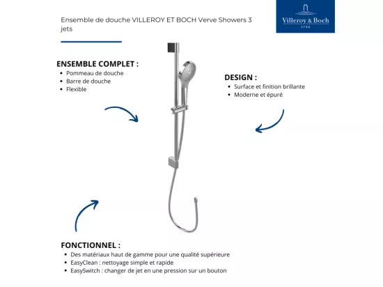Ensemble de douche 3 jets VILLEROY ET BOCH Verve Showers Or brossé