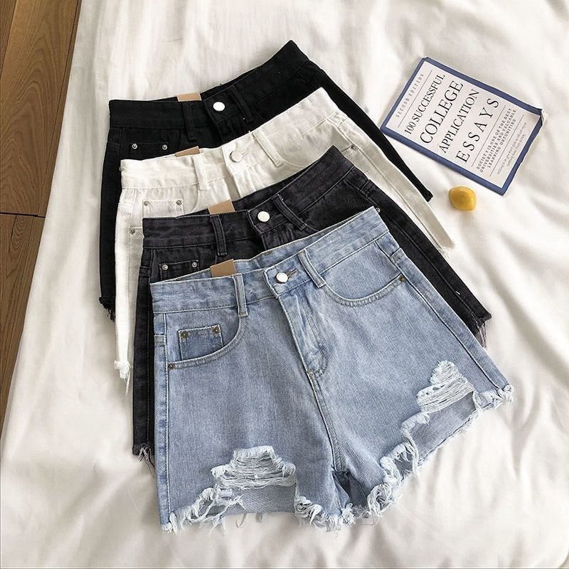 HYAKU - Hoge taille denim shorts met distressed effect