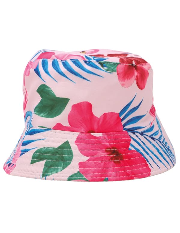 Bøttehatt med Hawaii-blomst og flamingotrykk for voksne.Size-One size