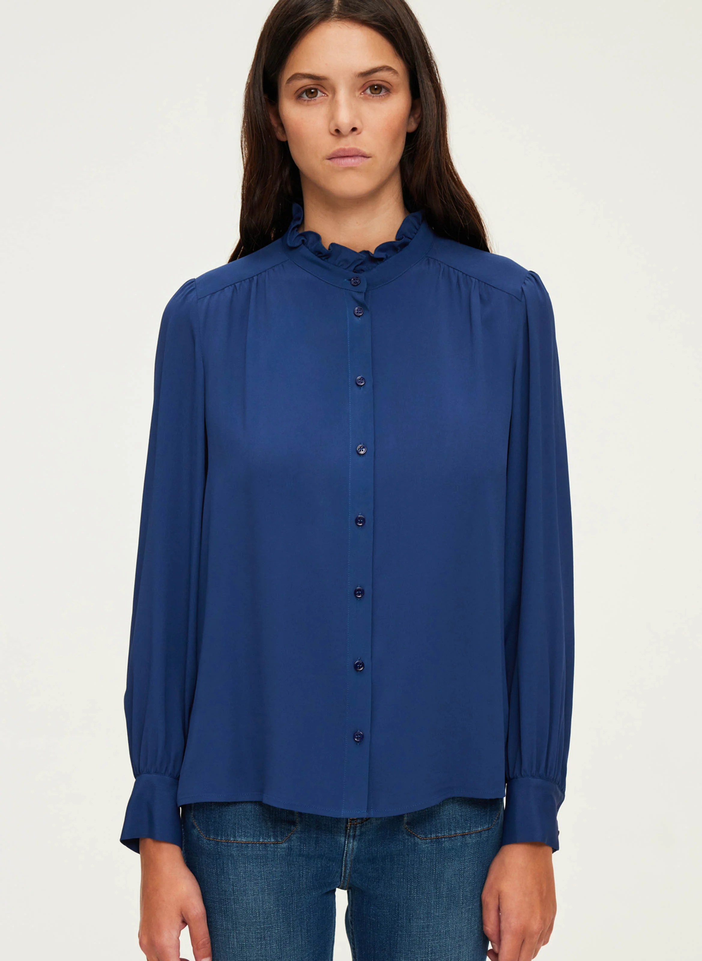 BRUNHILDE - Chemise fluide droite col montant | Bleu