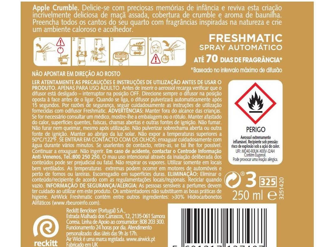 AMBIENTADOR RECARGA AIRWICK FRESHMATIC APPLE CRUMBLE 3X250 ML