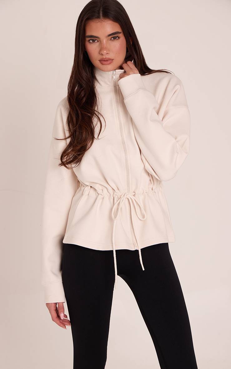 Crème Veste Zippée À Col Cheminée Et Basque En Jersey Interlock
