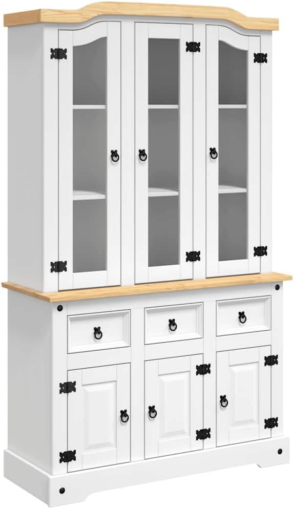 vidaXL Massivholz Highboard Anrichte Wohnzimmerschrank Vitrinenschrank Buffetschrank Landhaus Corona 112x43x196 Weiß Mexikanische Kiefer