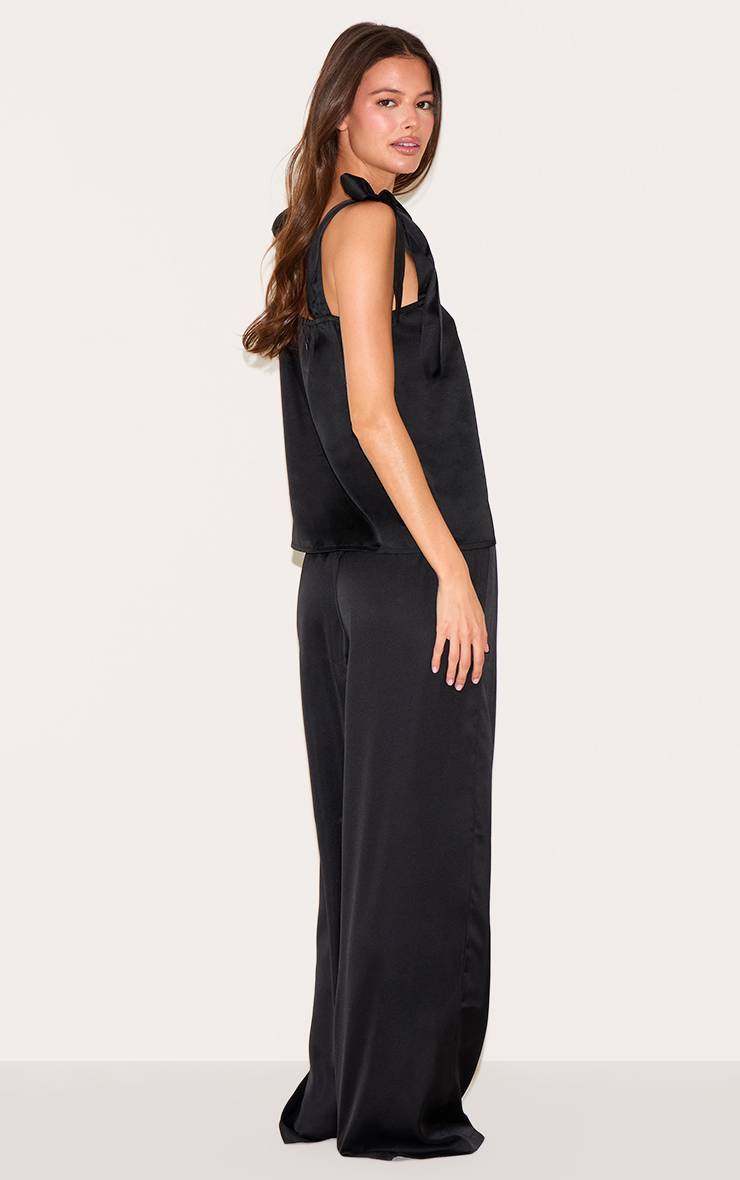 Noir Ensemble Pyjama Long Caraco En Satin Avec Nœud Ruban