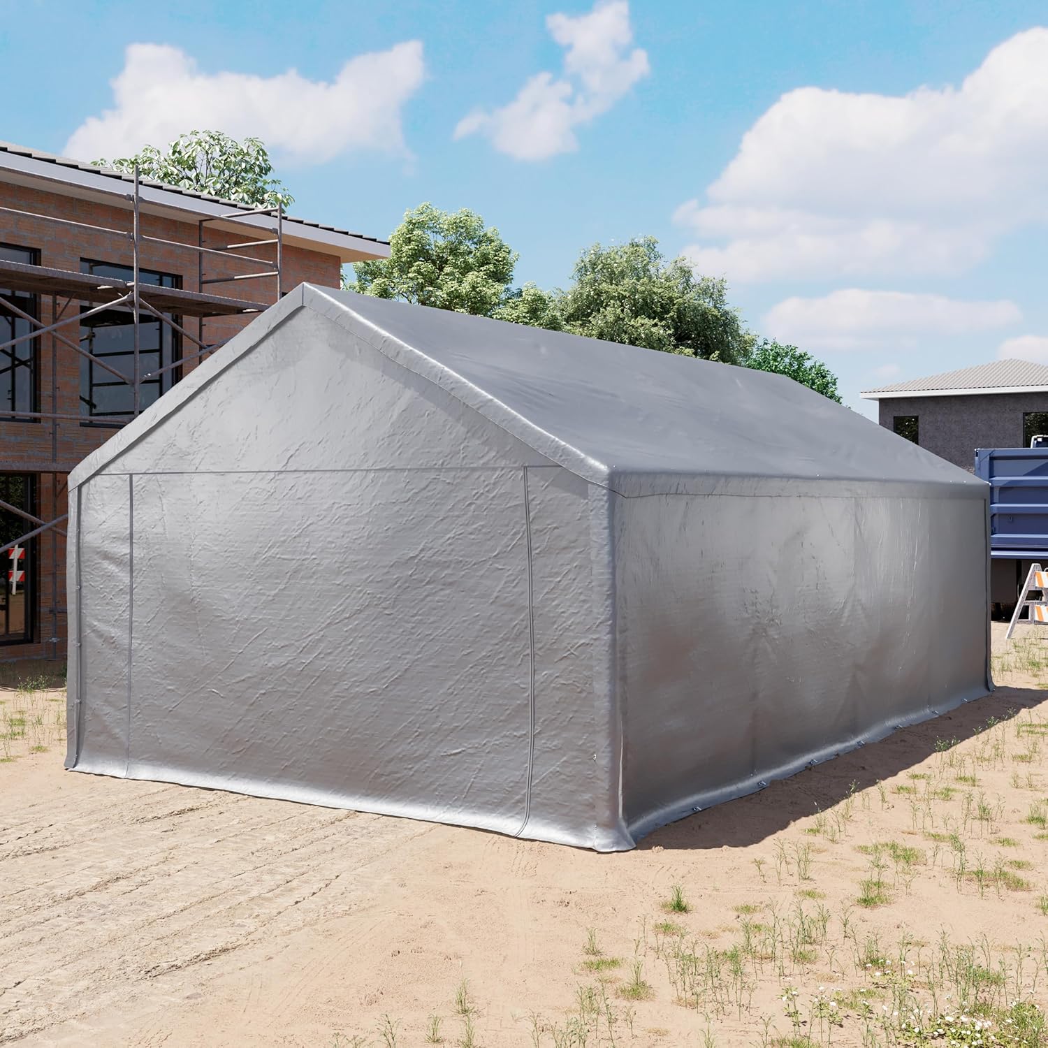 TOOLPORT Lagerzelt 4x8 m Zelthalle Unterstand Zeltgarage PE Plane 350 N wasserdicht in grau