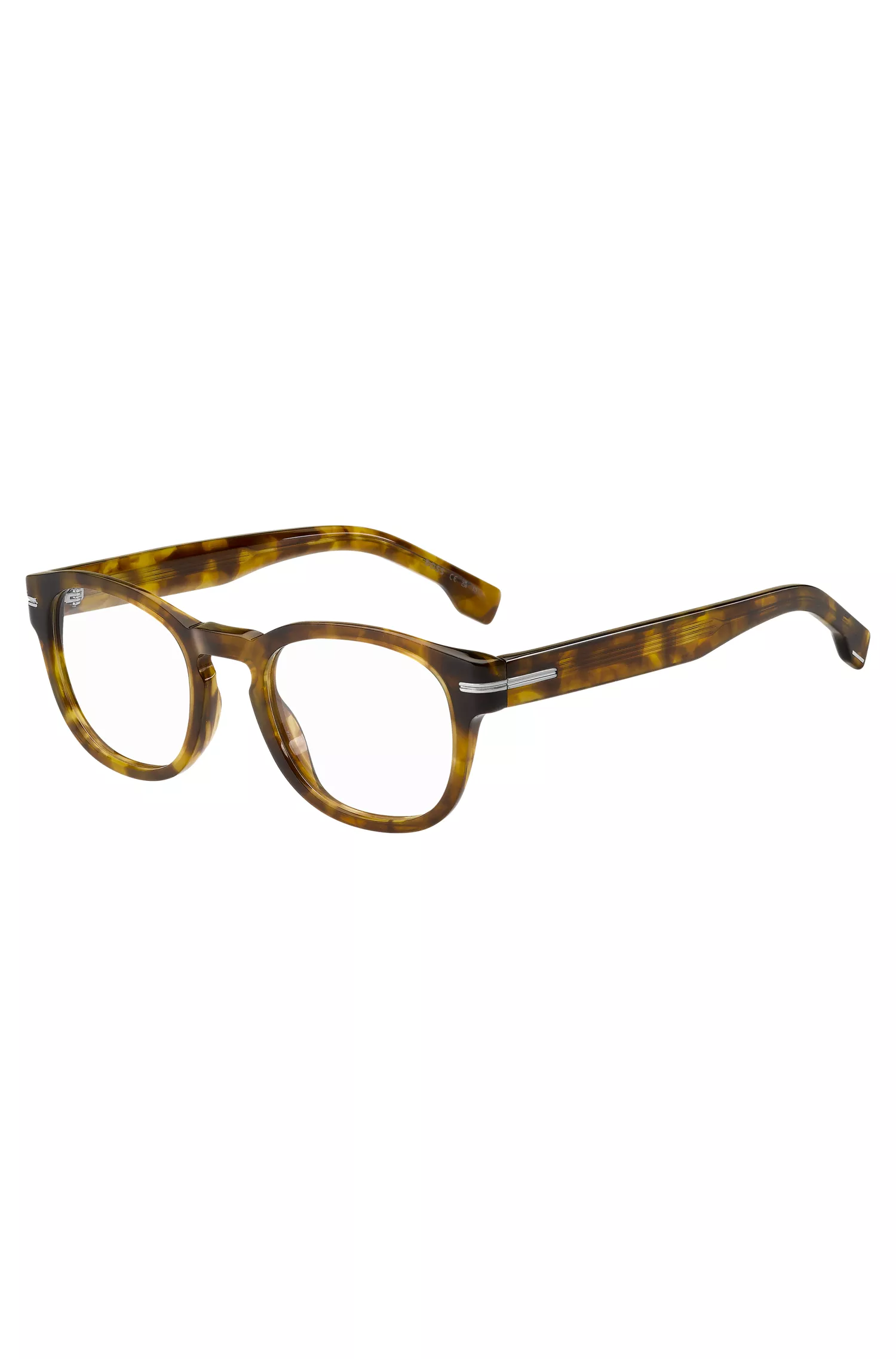 Armação de óculos BOSS em acetato preto Havana com detalhes prateados exclusivos.