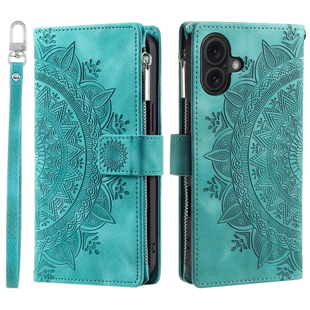 iPhone 16 Leder Tasche Flip Cover mit Reissverschluss - Mandala Flowers Imprint - Türkis