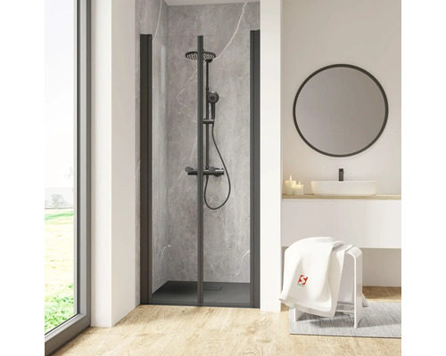 Douchedeur in nis met draaideur SCHULTE Garant 2.0 ExpressPlus 80 cm profiel zwart helder glas vuilafstotende glascoating deurscharnier links deurscharnier rechts