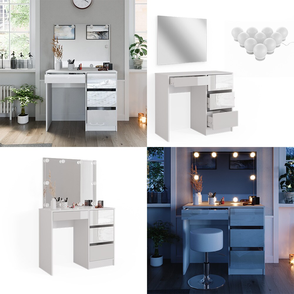 Vicco Schminktisch Frisiertisch Frisierkommode Sherry Weiß Schminkspiegel LED 90x75 cm modern Schlafzimmer Kommode Schublade Ablage Aufbewahrung Kosmetiktisch Make-Up-Tisch Hochglanz