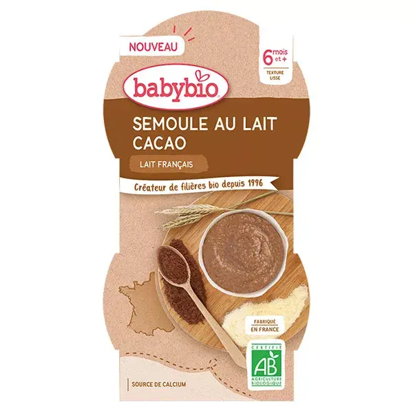 Sobremesas Lácteas Babybio, Pudim de Semolina com Cacau +6 meses, Orgânico, Pacote com 2 x 100g