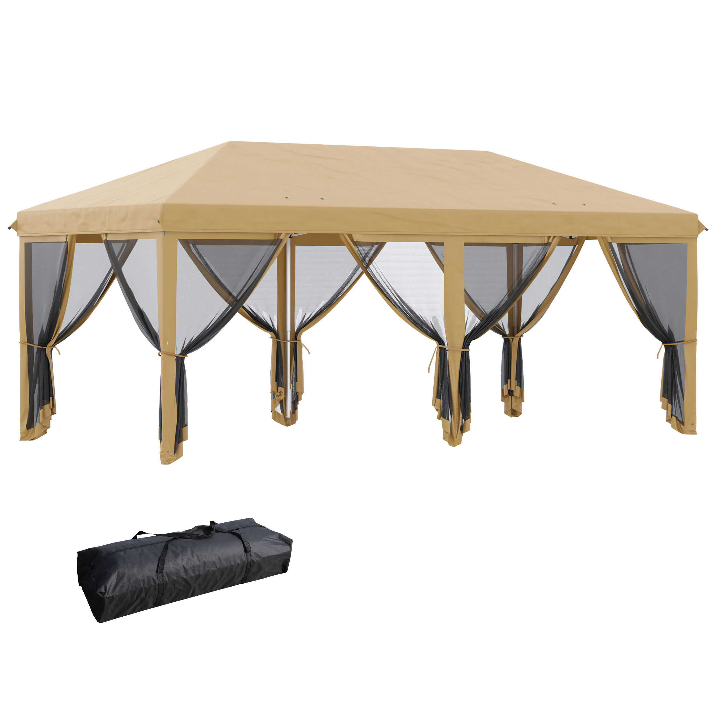 Tenda dobrável Outsunny 6x3m para jardim, com 6 mosquiteiros, bolsa de transporte e estrutura de aço para acampamentos e festas, bege.