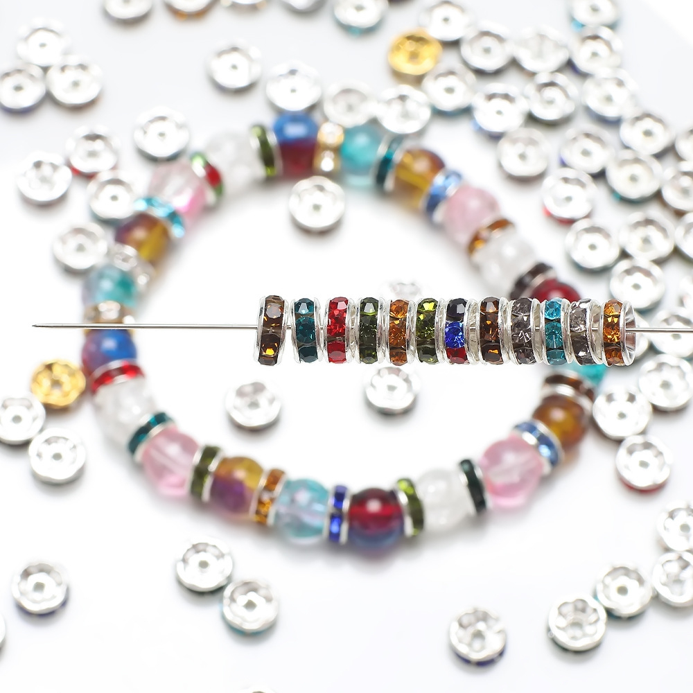 (50er Set) Strass Perlen DIY Bastel Schmuck Glitzer Zwischenperle für Armband / Kette - Silber / Assortiert