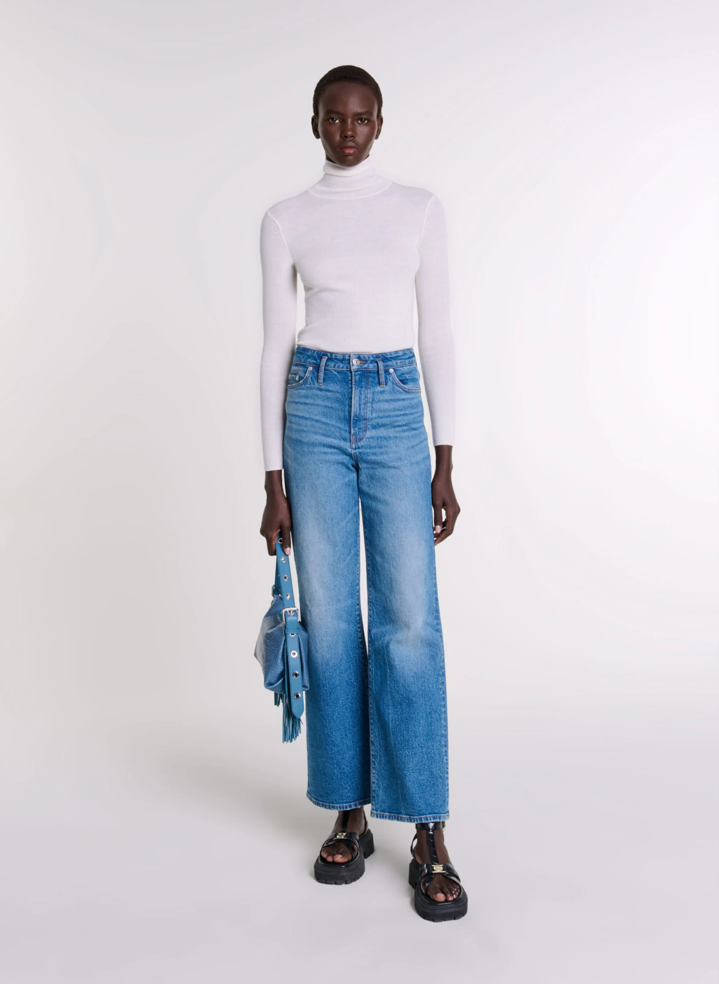 Pull col roulé en laine et en soie mélangés | Beige
