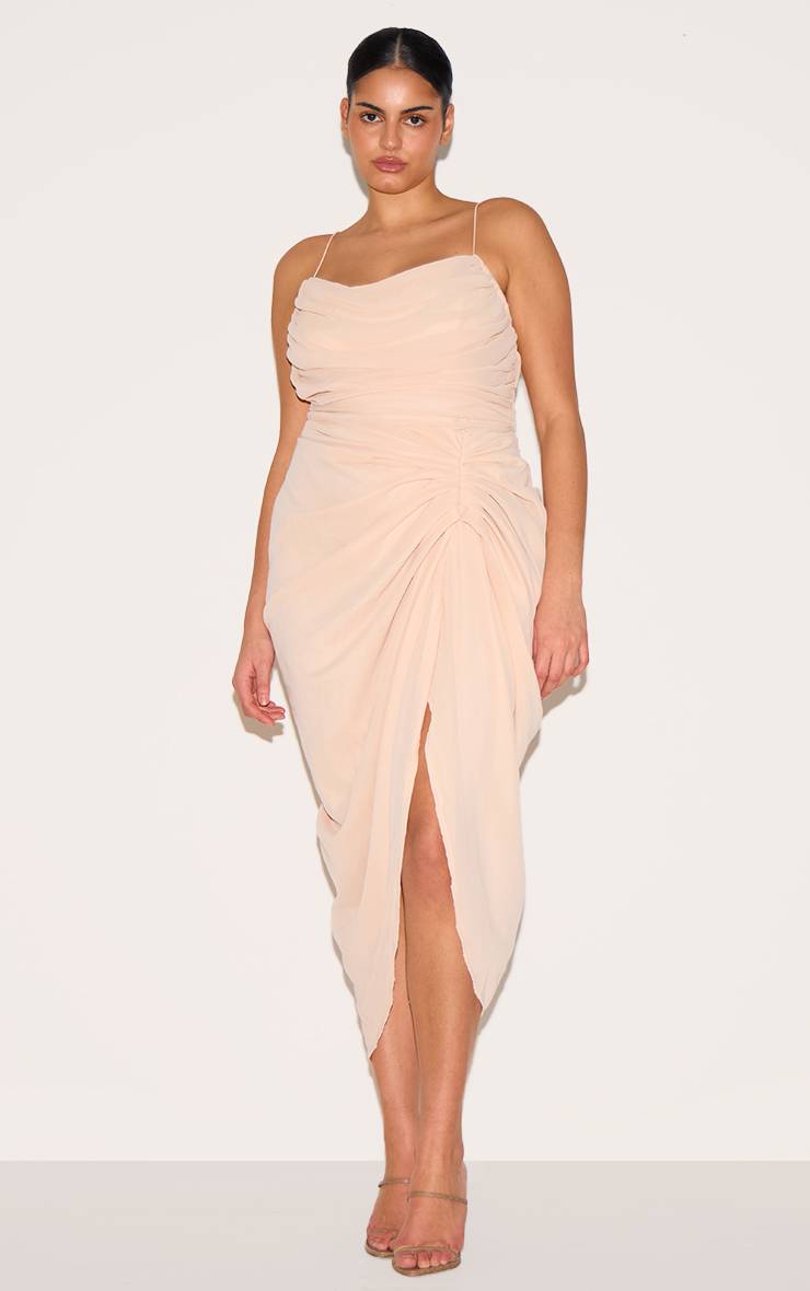 Crème Robe Midi Drapée Froncée En Mousseline Bleu Clair Grande Taille