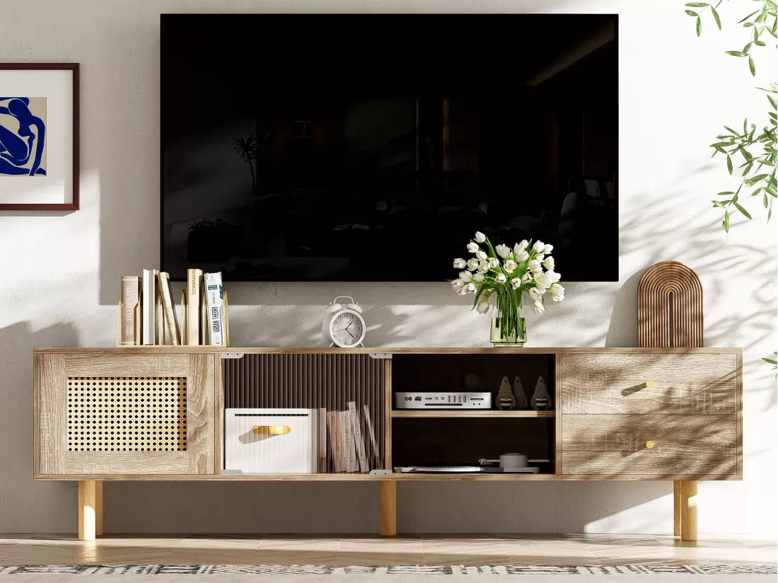 Meuble TV en anneaux de particules - 1 porte & 2 tiroirs & 3 compartiments - Naturel