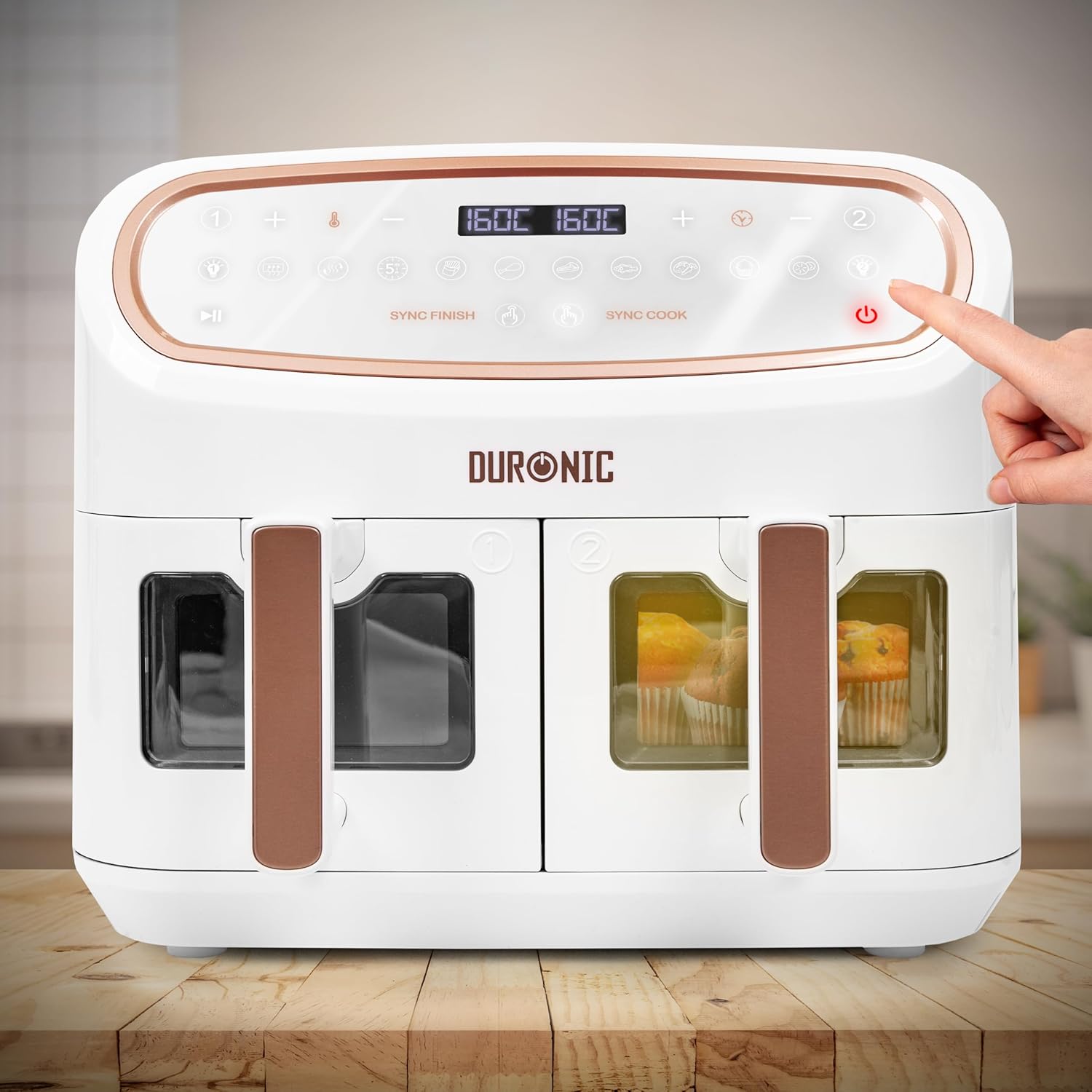 Duronic AF34 WE XXL Heißluftfritteuse – 10L Airfryer mit 2 Kammern, Doppel-Fritteuse ohne Öl, HLF Air Fryer für fettfreies Garen von Pommes, Fleisch & mehr – Friteuse mit großem Volumen