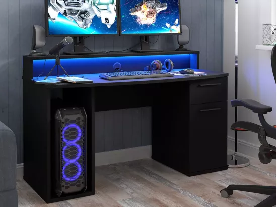 Bureau de gaming York 100, Avec des portes|Avec tiroirs, 76x140x65cm, Noir mat