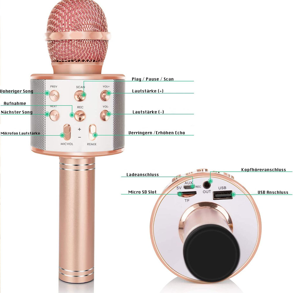 Karaoke Mikrofon mit Bluetooth / AUX / TF-Karte und integriertem Lautsprecher (iOS/Android) - Roségold