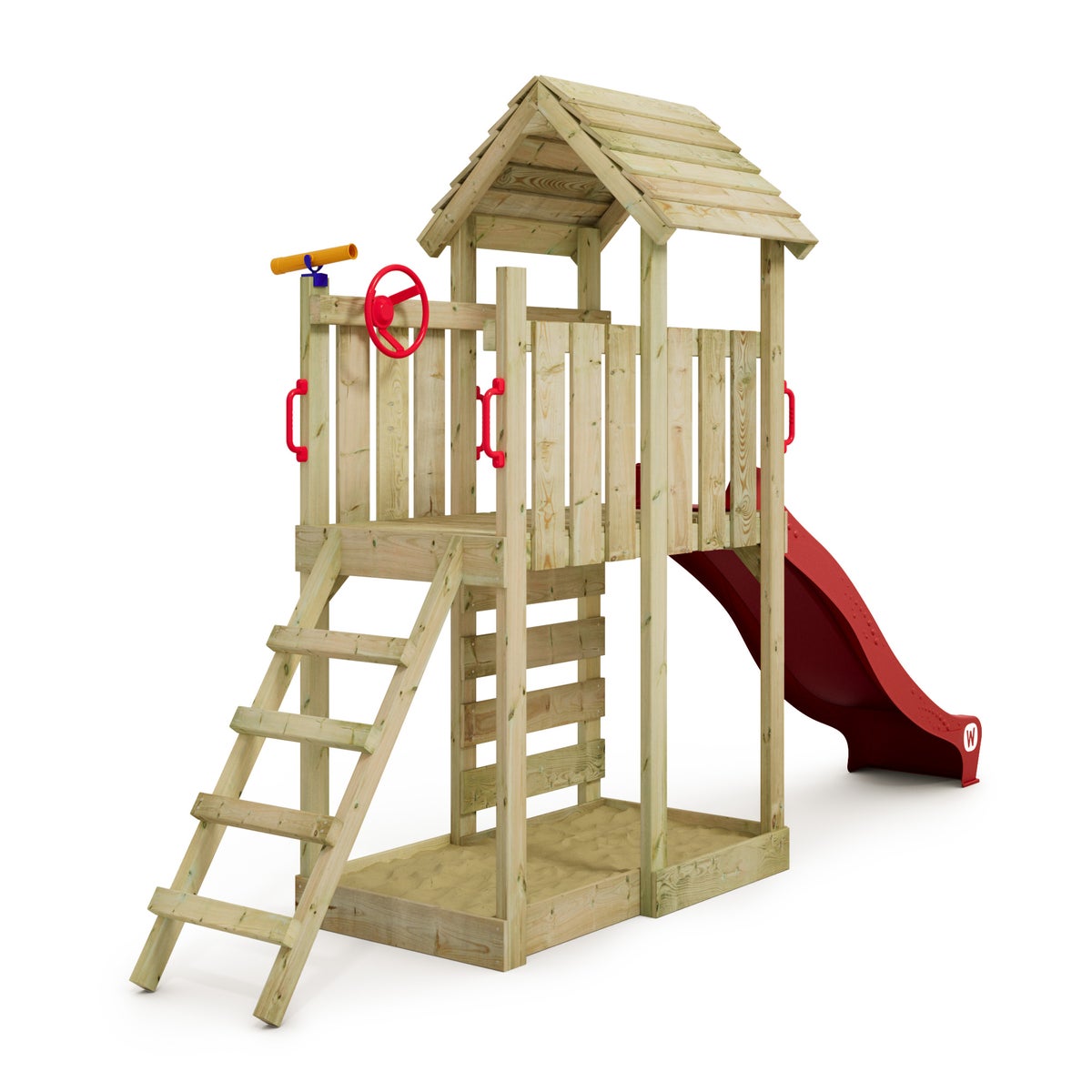 WICKEY JoyFlyer Speeltoren Klimrek met Glijbaan, Klimtoren met Zandbak, Ladder en Speelaccessoires - Rood