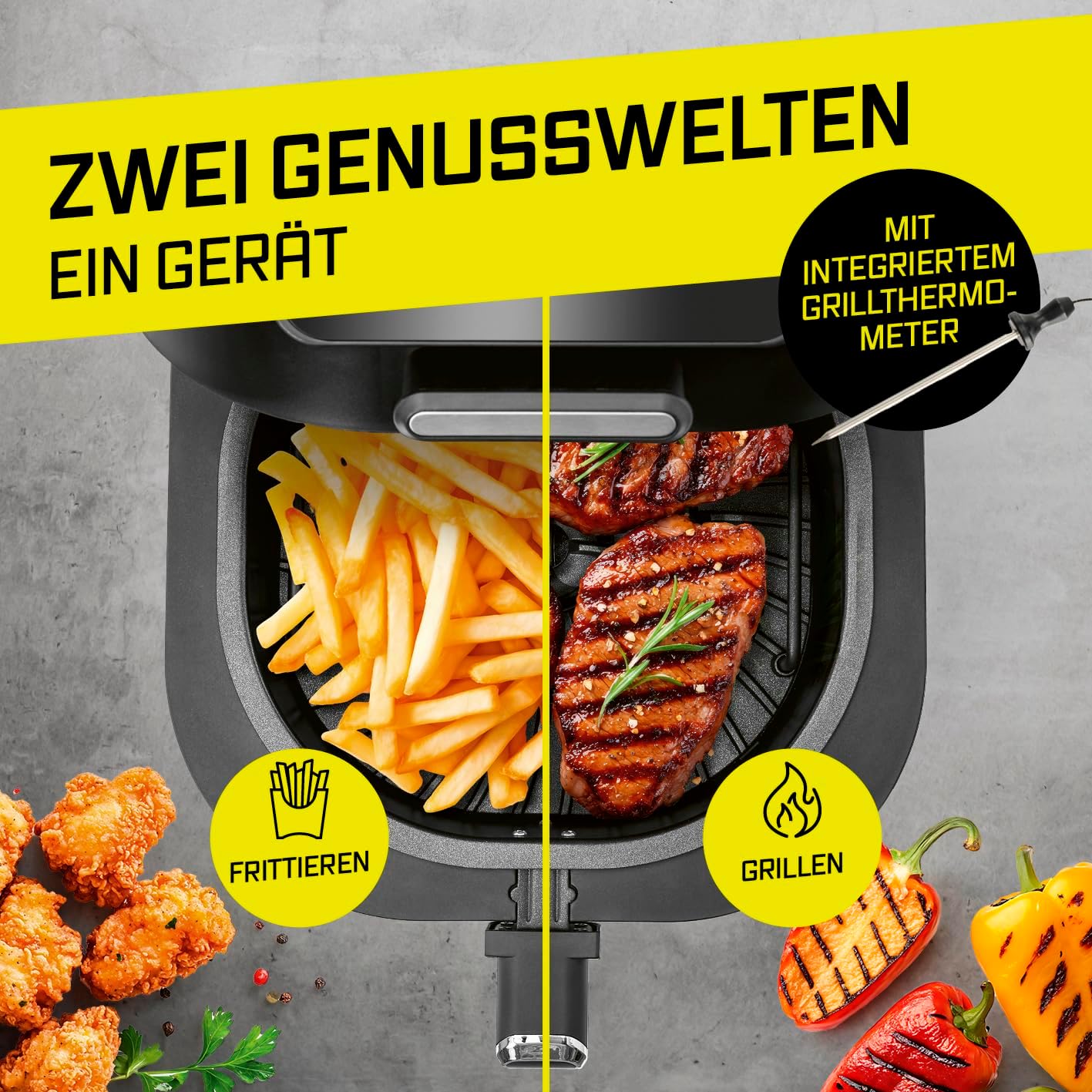 GOURMETmaxx Heißluftfritteuse FryBBQ | Airfryer mit Ober-/Unterhitze | 5 L Multikocher Heissluftfritteuse mit 5 Modi inkl. Dörren | 2in1: Fritteuse & Grill – mit Aludruckguss-Rost & Grillthermometer