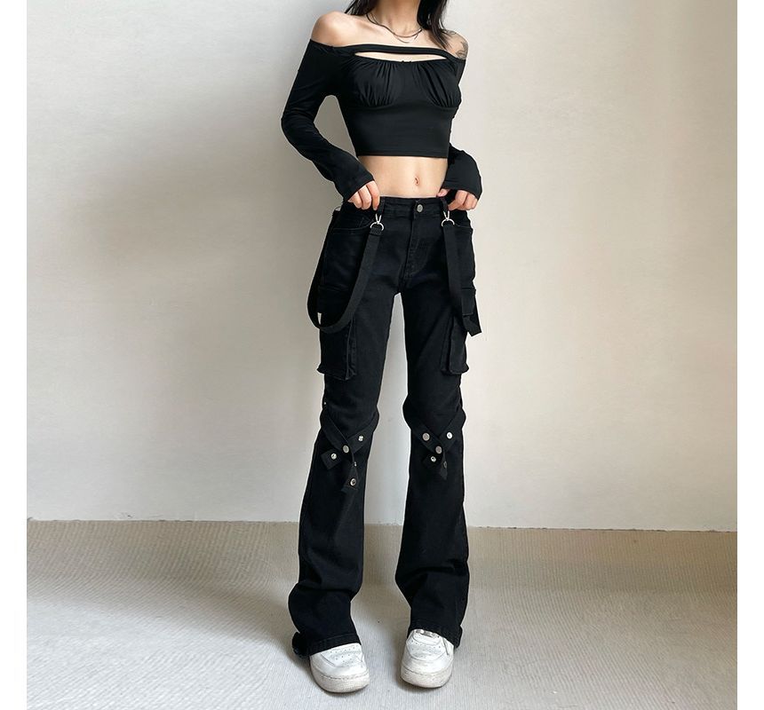 PolkaBella - Low Rise Cross Strap Bootcut Cargo Jeans