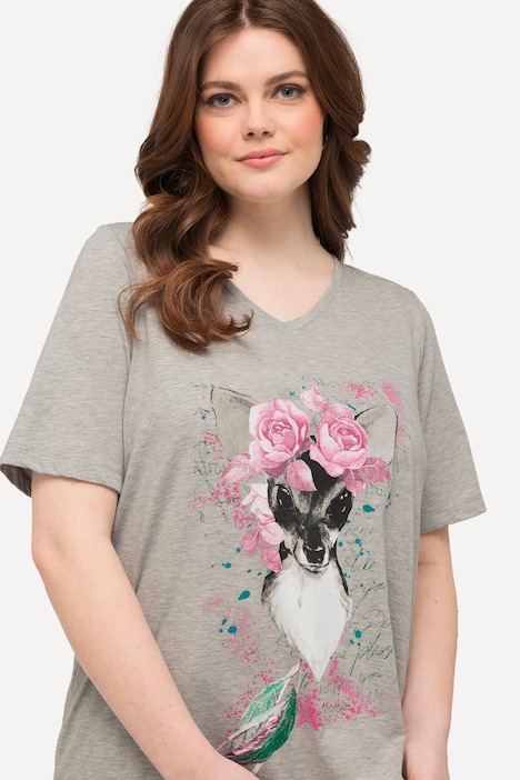 T-Shirt, Blumen-Rehkitz, Classic, V-Ausschnitt, Halbarm