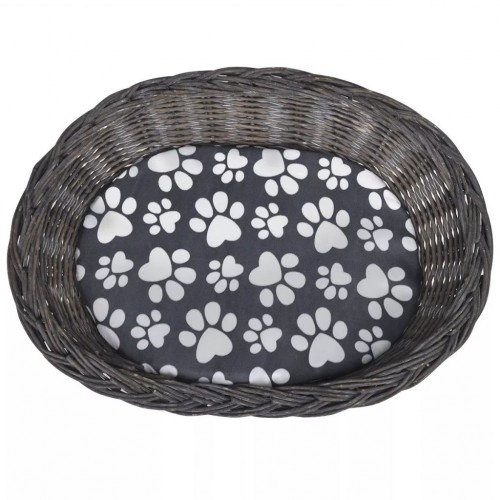 Cama de vime para gatos na cor cinza.