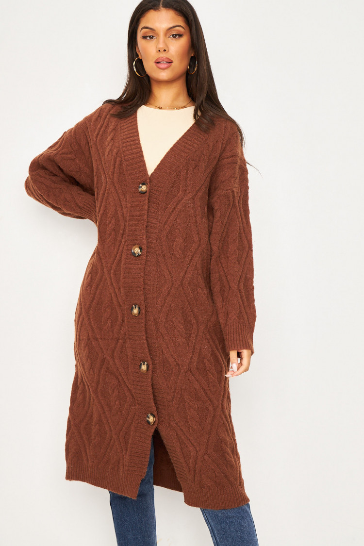 Gilet long en laine et maille marron