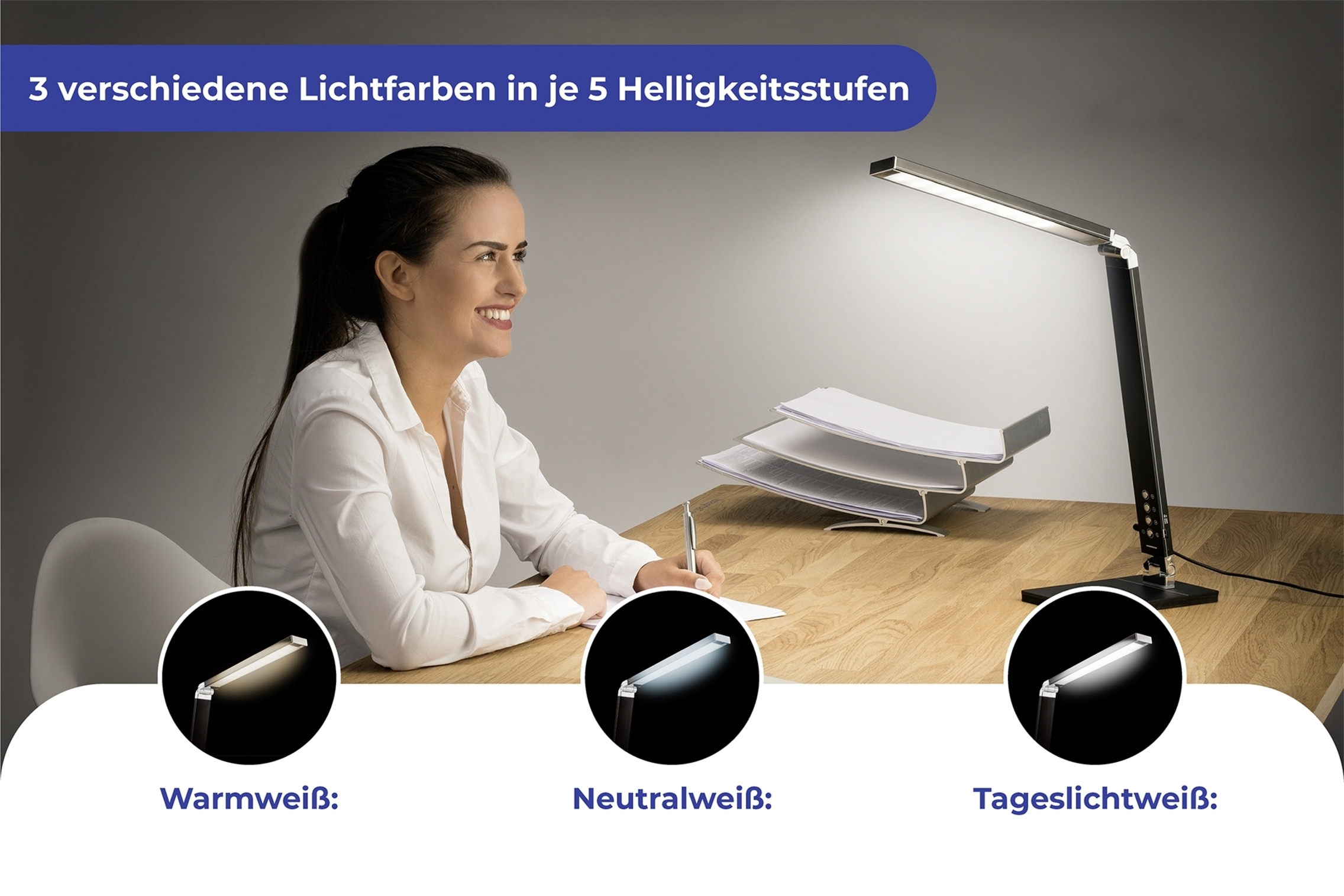 Maximex Tischleuchte »Tageslicht« LED-Modul Neutralweiss | Tageslichtweiss | Warmweiss Tischlampe mit 5 Helligkeitsstufen, standsicherer Fuss, USB-Anschluss