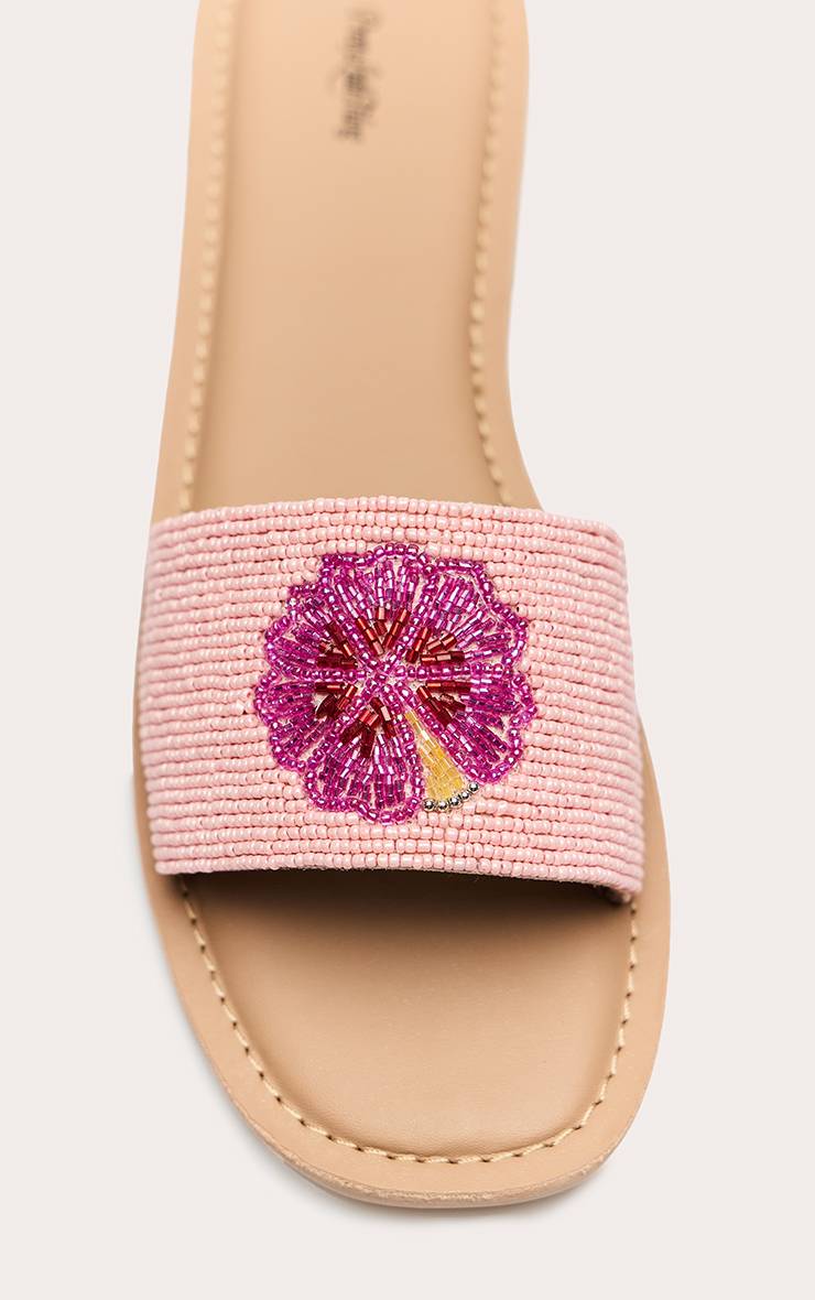 Rose Sandales Mules Plates Ornées De Fleurs D'hibiscus