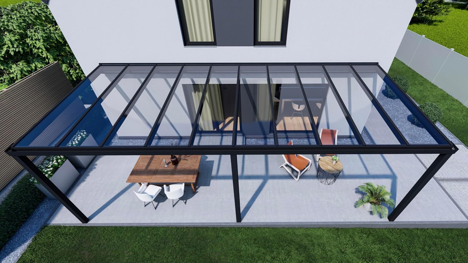 Terrassenüberdachung KD Alpha in Anthrazit mit VSG-Klarglas in 500x400cm - Terrassendach aus Aluminium - wetterfeste Überdachung
