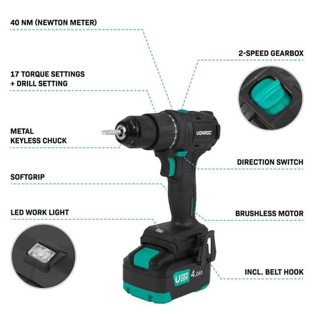 VONROC Boremaskine 20V – PRO| Kompakt & Kraftfuld | Børsteløs Motor | 40Nm Drejningsmoment | 17+1 Indstillinger | Inkl. 4.0Ah Akku & Oplader