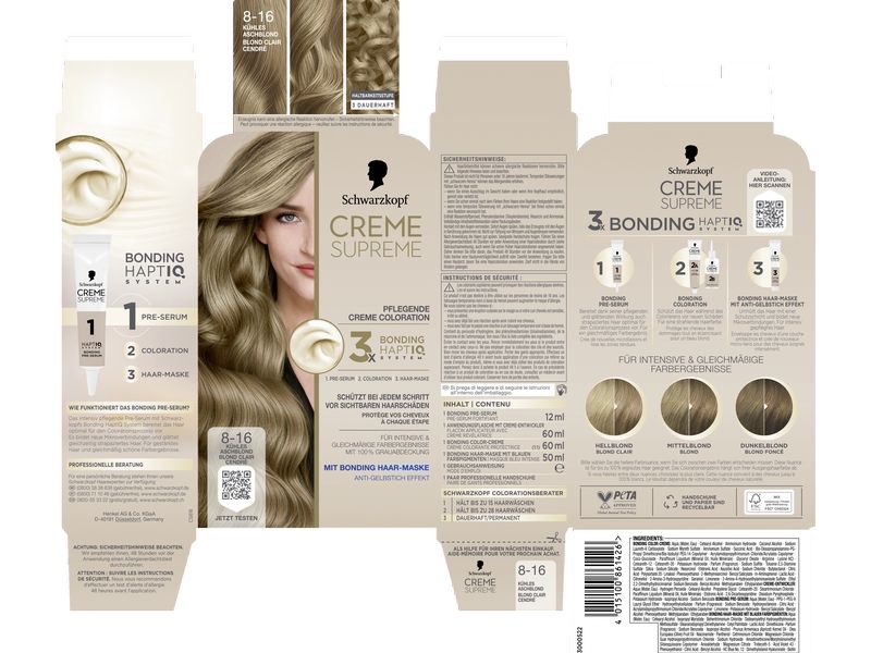Schwarzkopf Creme Supreme Haarcoloration Creme Supreme 8-16 Coloration, schützt das Haar sichtbar vor Haarschäden