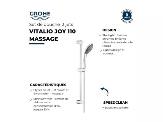 Pommeau de douche GROHE Quickfix Vitalio Joy 110 Massage 3 jets avec barre + nettoyant GrohClean
