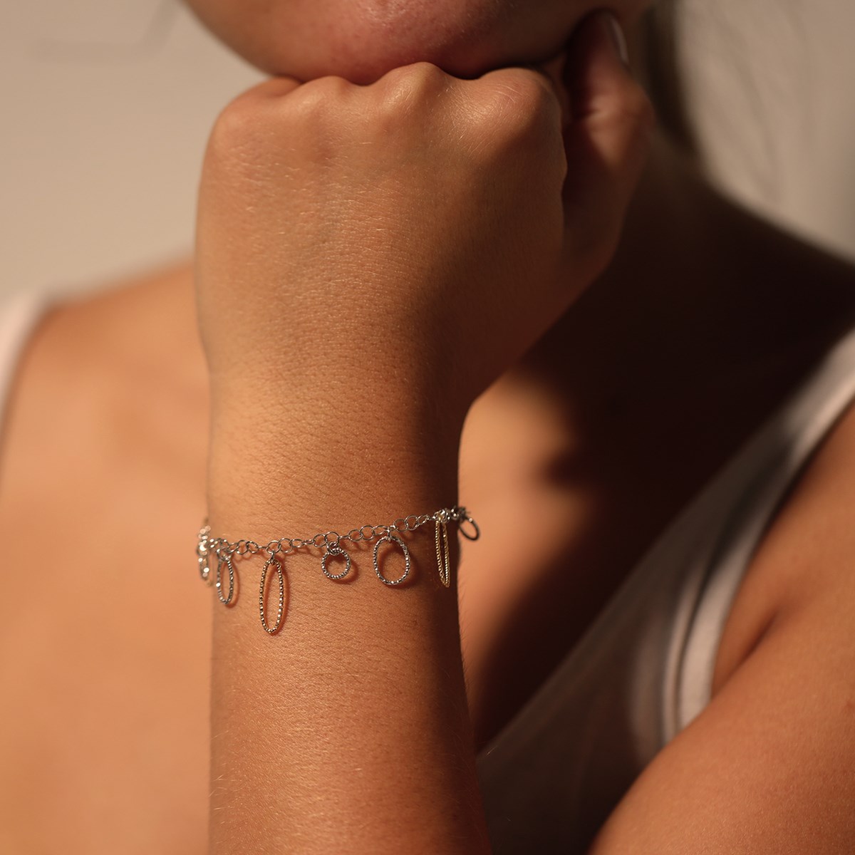 Bracelet Argent Rhodié Petits Cercles Et Ovales Diamantés