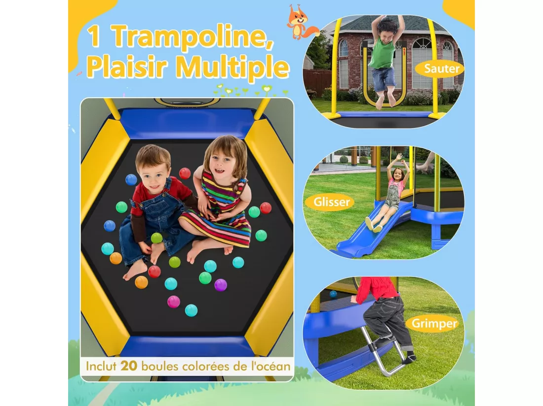Trampoline Extérieur Ø 223cm Enfants avec Toboggan & Echelle, Trampoline de Jardin Rond avec Filet de Sécurité, 20 Balles, 2 Portes en U, Charge 270kg pour 2-3 Enfants de 3 Ans+