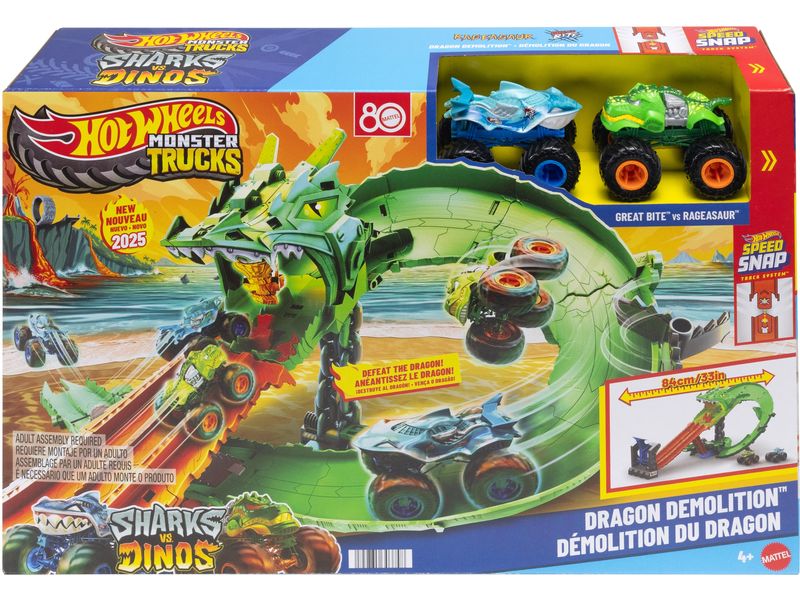 Hot Wheels Monster Trucks Sharks Spielset und 2 Spielzeugtrucks