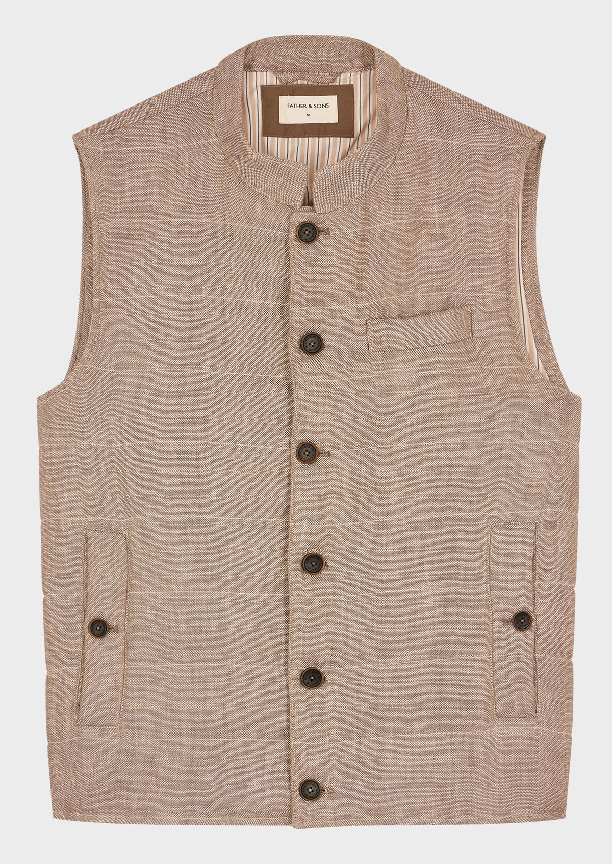 Doudoune light sans manches en lin uni beige foncé