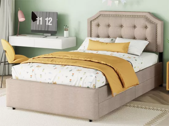 Lit capitonné en tissu de lin avec 2 tiroirs - 90x200cm - tête de lit décorée de rivets - Taupe