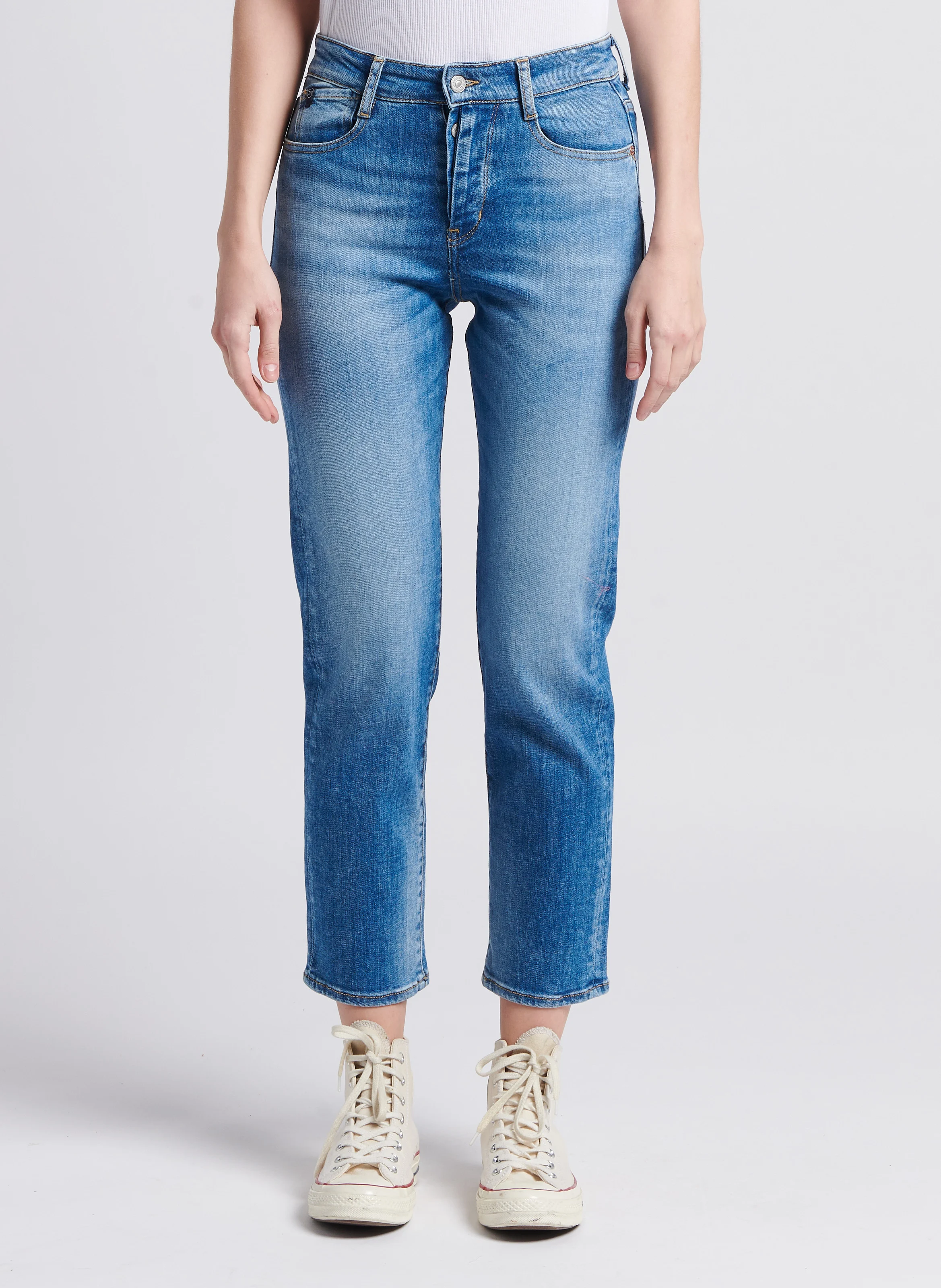 Jean droit cropped en coton stretch | Bleu