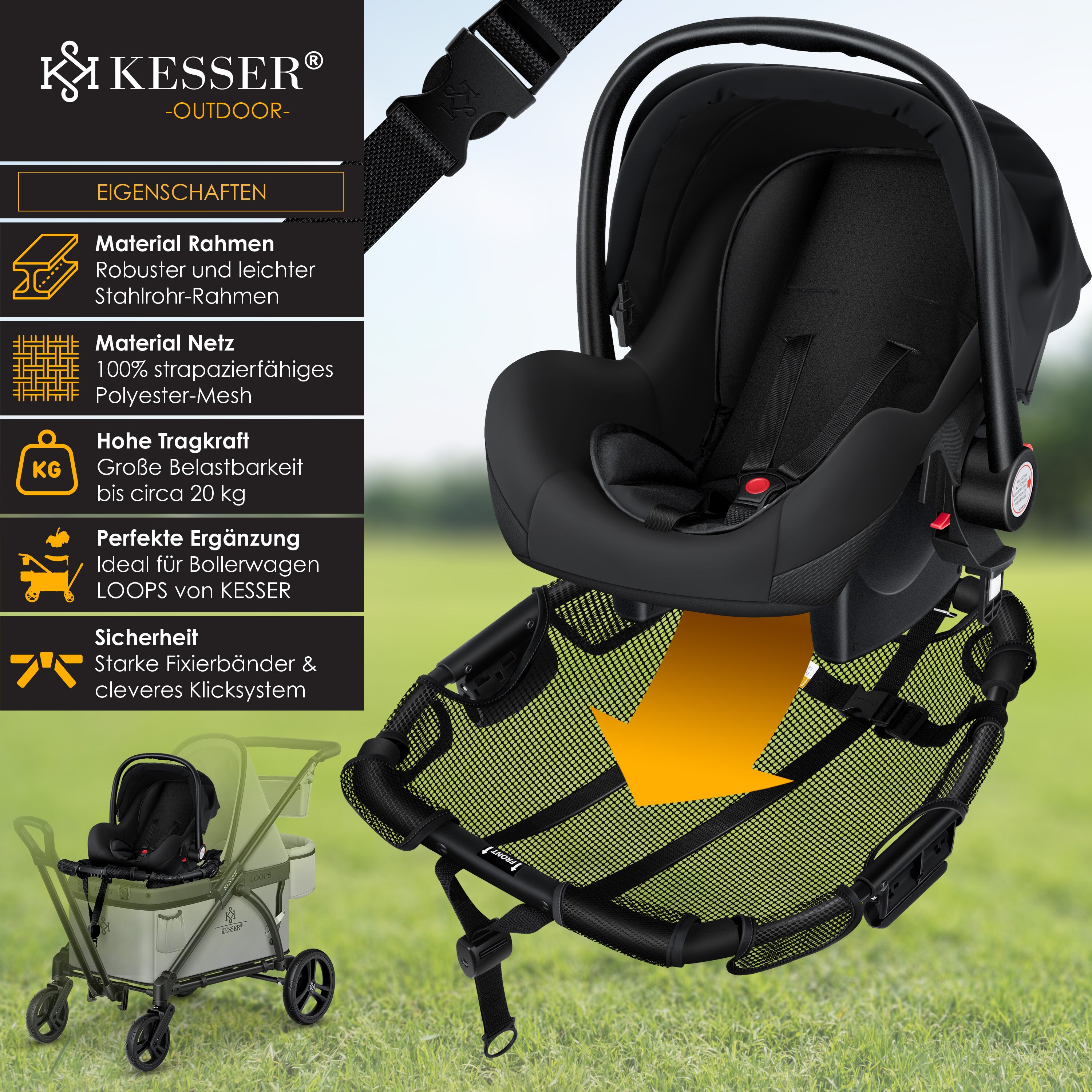 KESSER® Babyschale-Modul Kindersitzmodul-Aufsatz Zubehör Passend für LOOPS Faltbarer Bollerwagen Handwagen, Modul Universal für alle Babyschalle Babyliegeschale