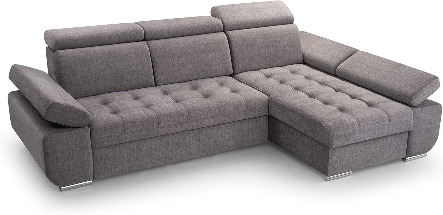 Ecksofa mit Schlaffunktion und Bettkasten - Eckcouch L-Form mit Bewegliche Kopfstützen, Klappsofa - Schlafcouch zum Wohnzimmer, Modern Design Schlafsofa Bianco: Grau, Ecksofa Rechts