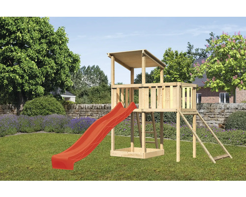 Speeltoren/speelhuis Karibu Anna, 107 x 107 cm, van hout, bestaande uit glijbaan, aanbouw en nethelling (rood).