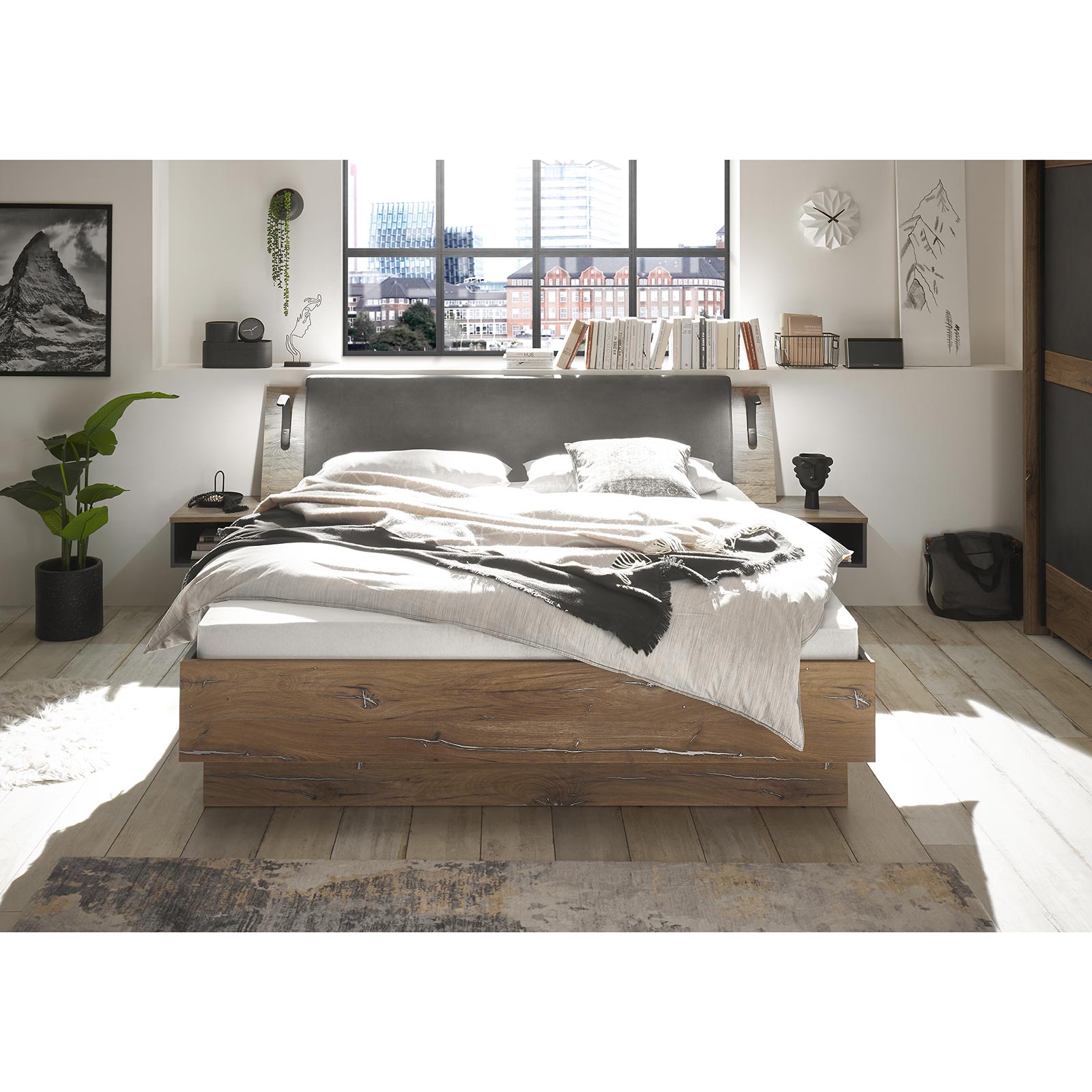 Bettanlage - Flagstaff Eiche dunkel - Matera - mit Nachtkonsolen - 180x200 cm