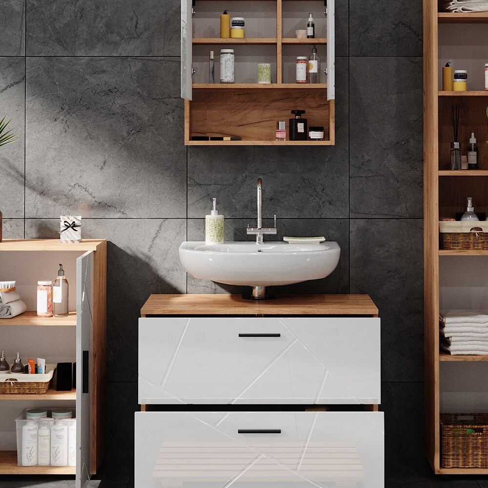 Vicco Badmöbelset Irma Eiche Weiß Hochglanz modern Badezimmerschrank Badschrank Badezimmermöbel Waschtischunterschrank Spiegelschrank Kommode Hochschrank Schrankschublade Schranktür Schrankfach