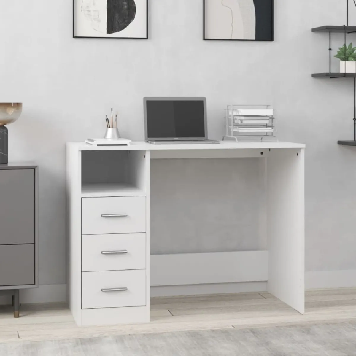 vidaXL Bureau avec tiroirs - Blanc